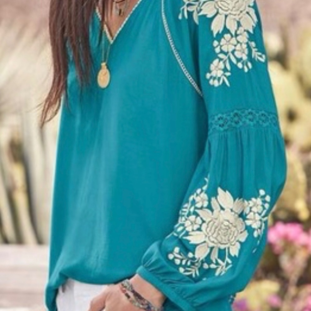 SUNDANCE Naomi Isles Modal Turquoise and Cream Long Sleeved Embroidered XL Tunic - Picture 3 of 13